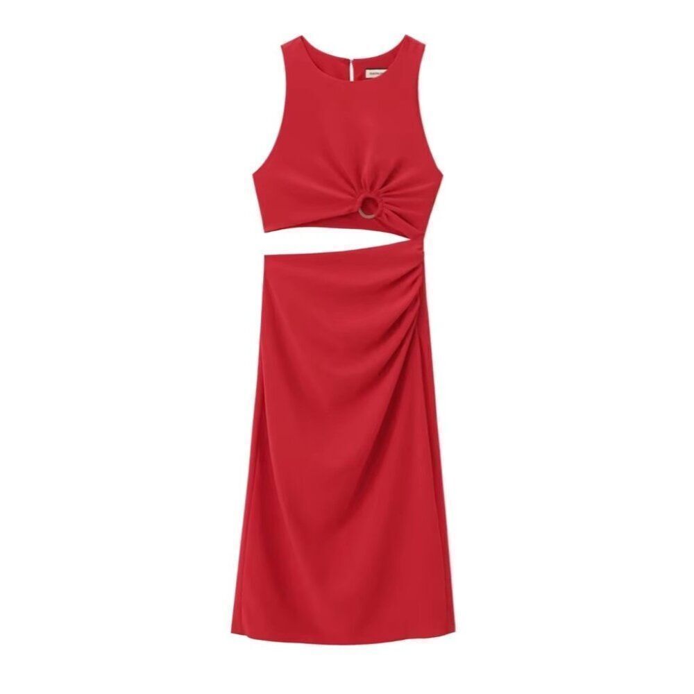 Zara Women Midi Dress M Red Sleeveless Cut Out Sexy Gold Ring 9878/166 NWT - Picture 3 of 12